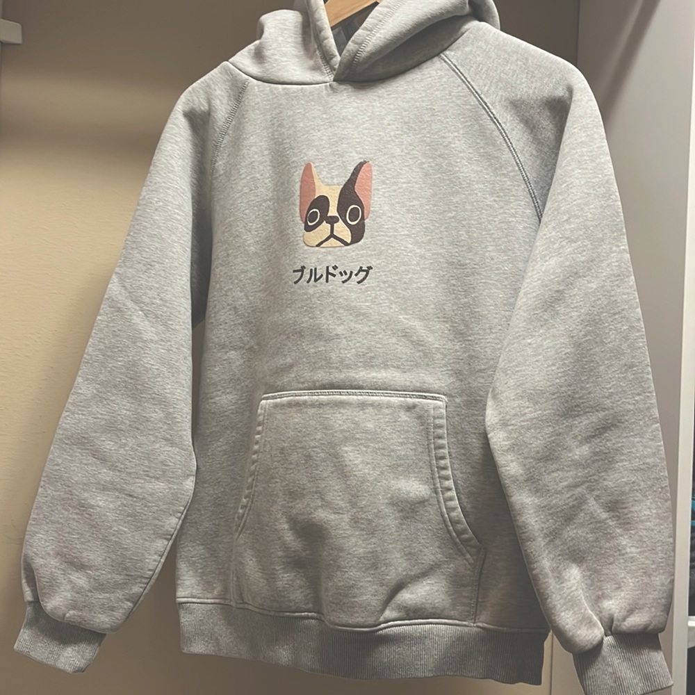 Gray Hoodie Bulldog Graphic Japanese Print Casual Pullover Sweatshirt Size S